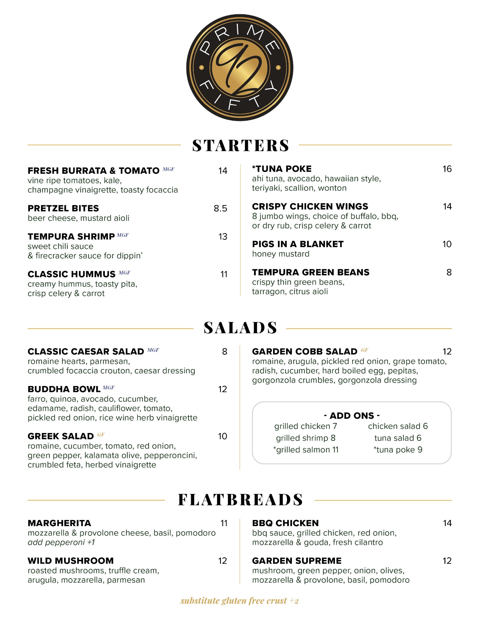 Prime 92 Fifty menu page one