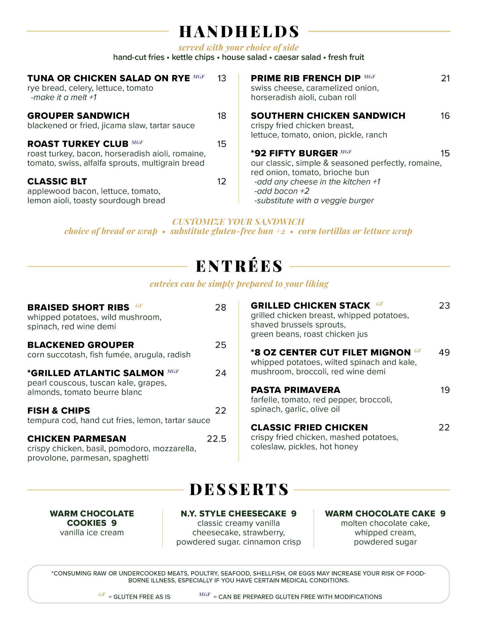Prime 92 Fifty menu page two