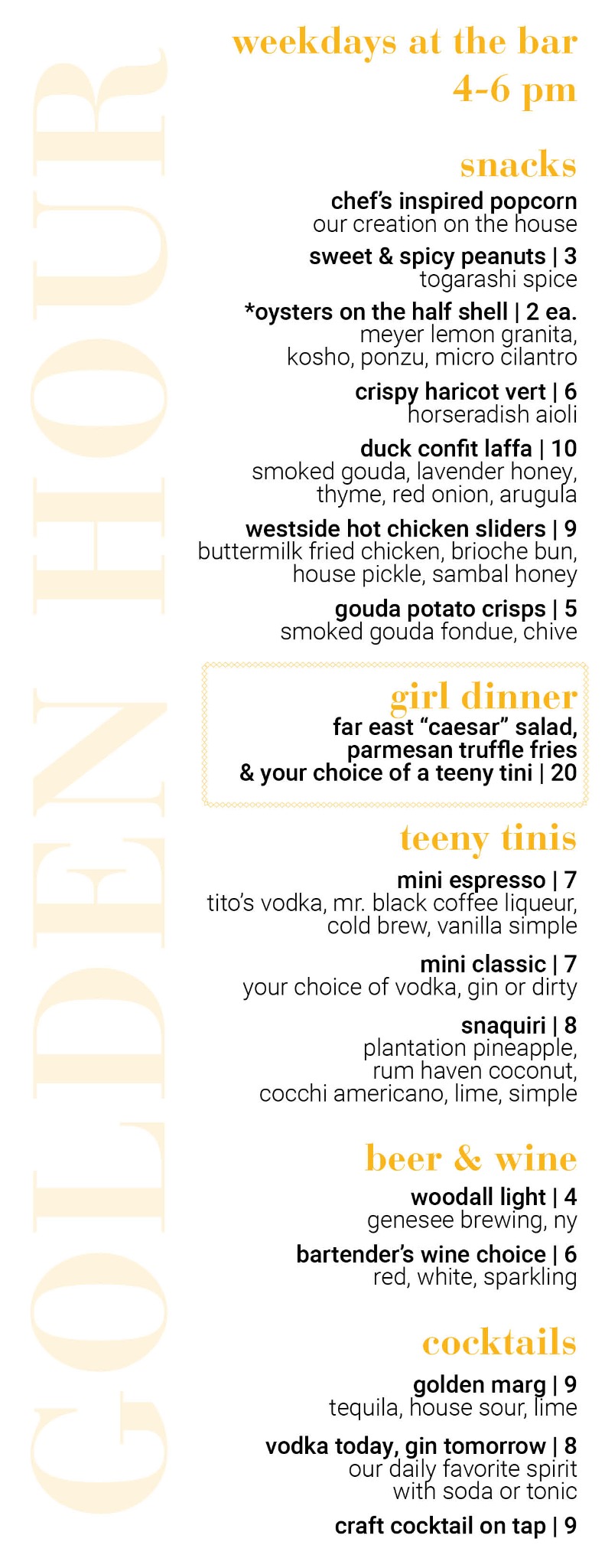 the Woodall Golden Hour menu